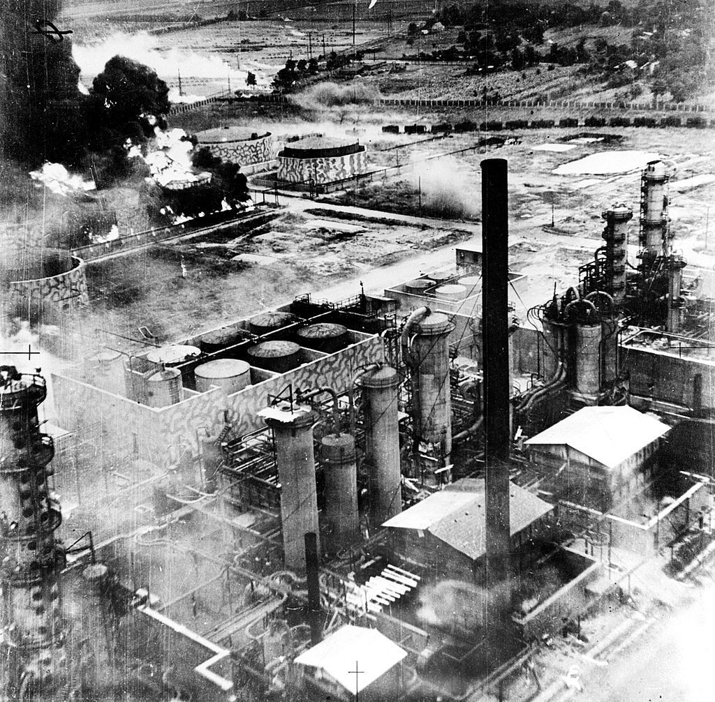 Columbia Aquila refinery burning after the raid.